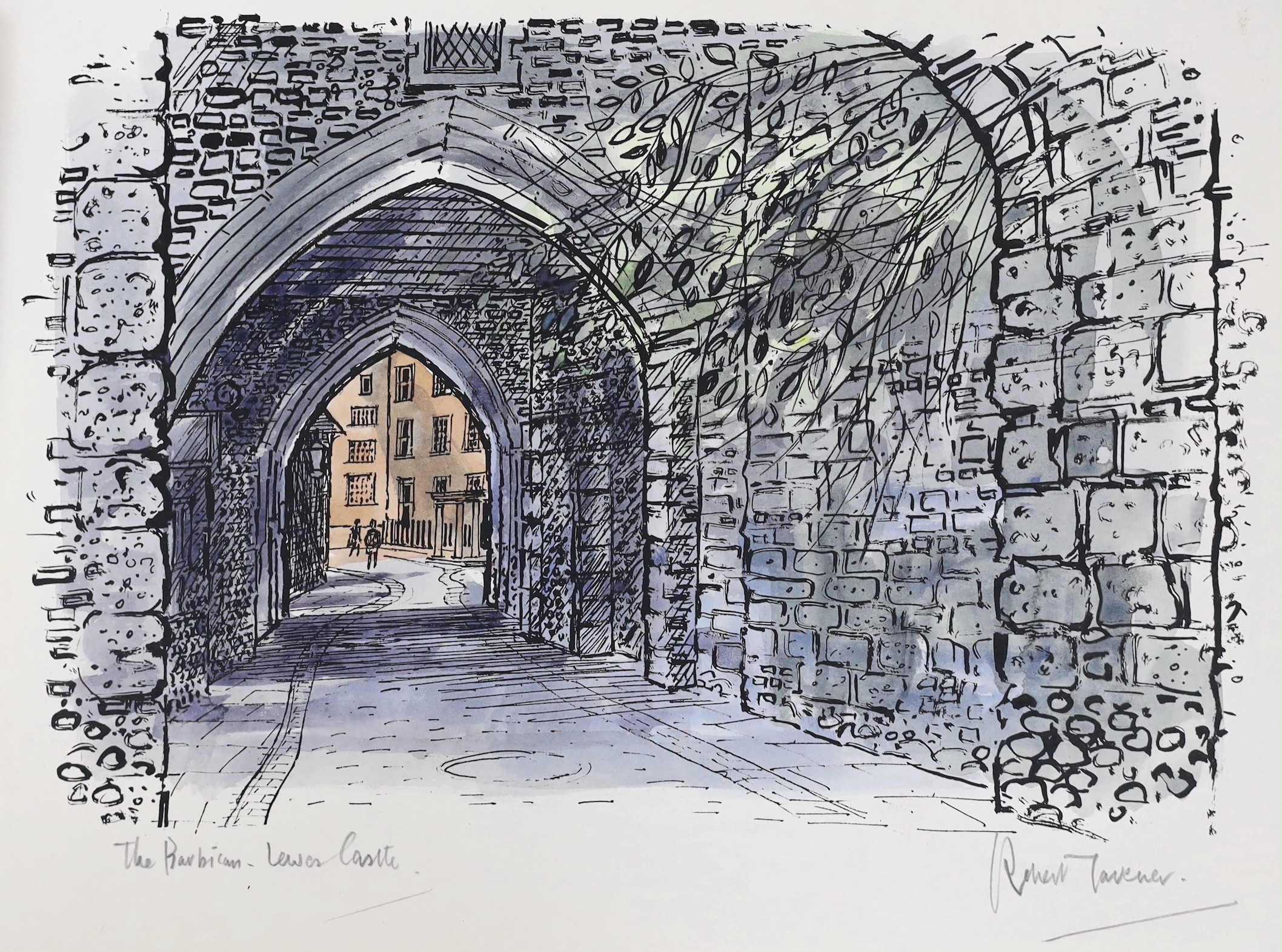 Robert Tavener (1920-2004), three hand coloured prints, 'The Barbican, Lewes Castle', 'St. Mary's, Friston, Sussex' and Downland scene, all signed and inscribed in pencil, 21 x 30cm (2) and 14 x 20cm